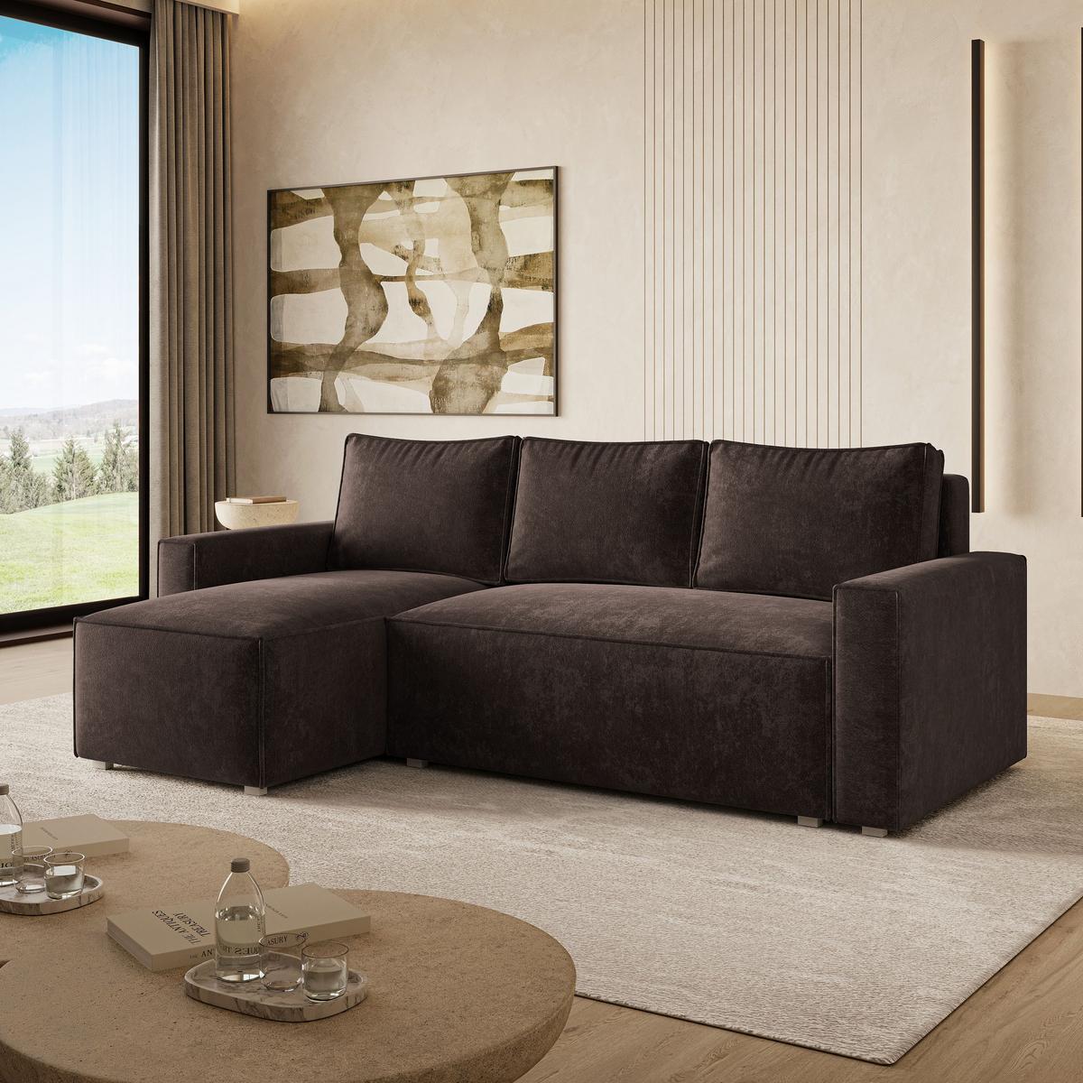 ECKSOFA POTARO LM Braun Chenille mit Schlaffunktion - Braun, Holzwerkstoff/Textil (232/140cm) - MASSENO