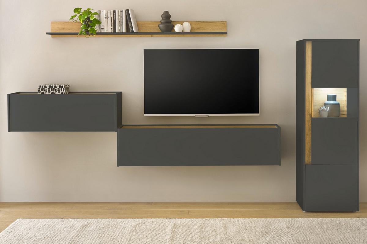 WOHNWAND grau matt, Eiche Wotan 320 cm, Wohnkombination mit Sekretär - Eiche Wotan/Grau, Glas/Holzwerkstoff (320/170/40cm) - Furn.Design