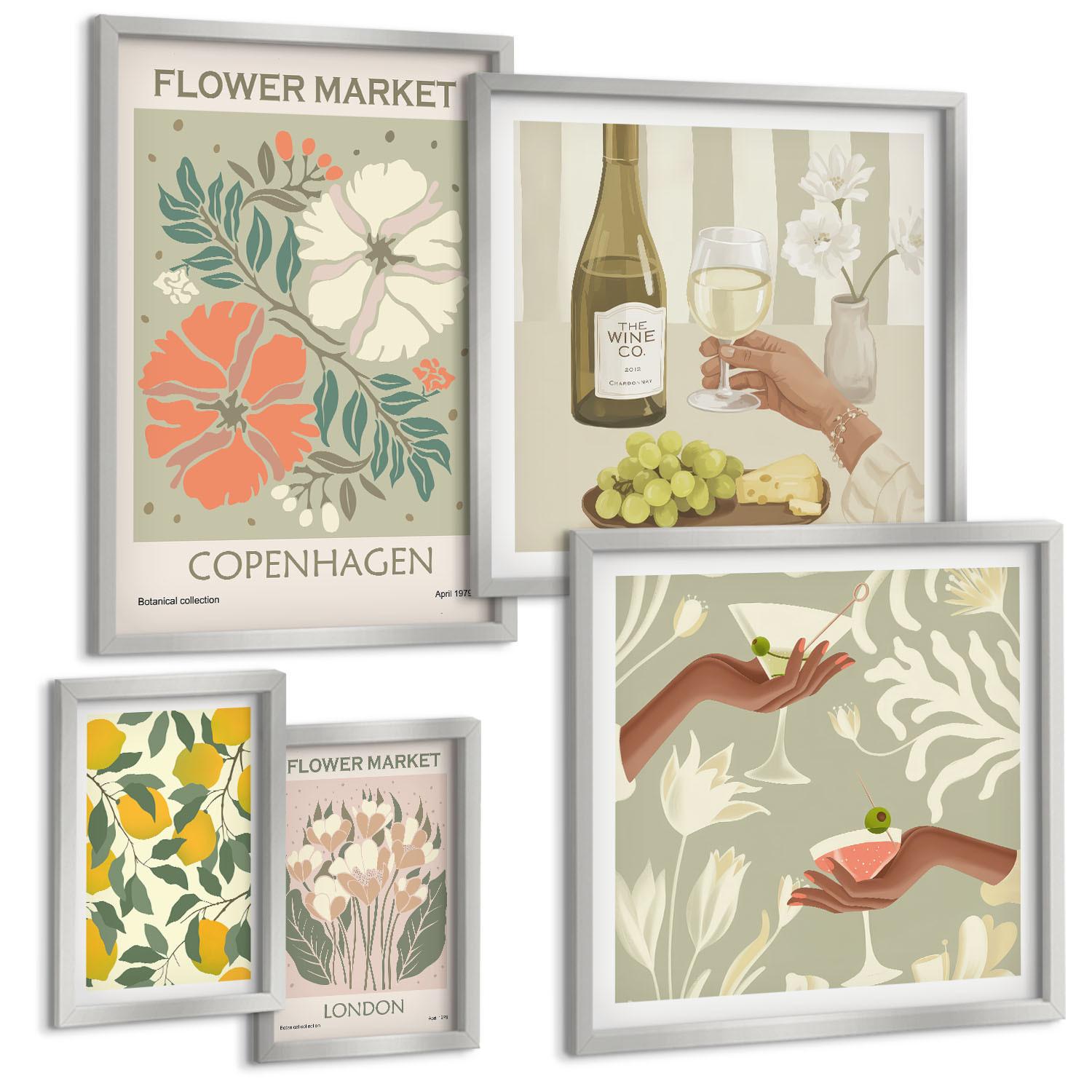 BILDER SET 5er Set - 50x50 cm & 20x30 cm & 40x60 cm Silberner Rahmen - Blumenmotive Rosen Paris - Silberfarben, Kunststoff (40/60cm) - TULUP