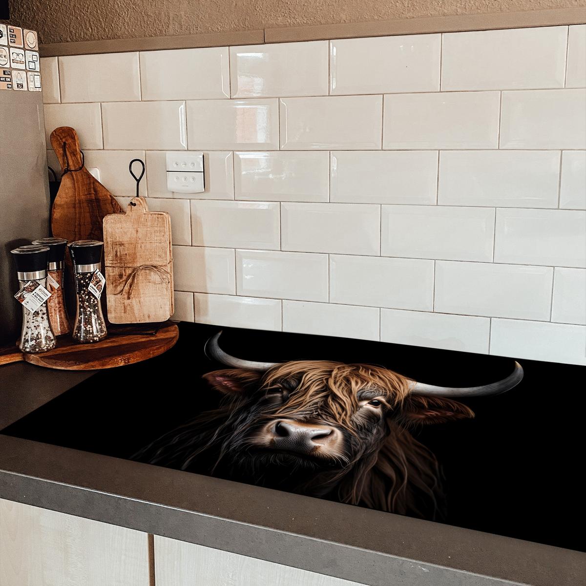HERDABDECKPLATTE Schottischer Highlander - Porträt - Schwarz - Tier Induktionsschutz 89.6x51.6 cm - Braun, Kunststoff (89.6/51.6/0.2cm) - MuchoWow