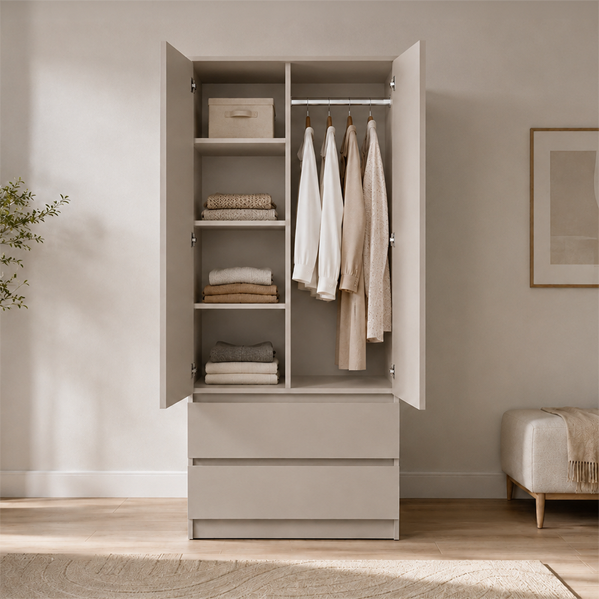 DREHTÜRENSCHRANK SOLO 2D2S II 90 cm Kaschmir/Kaschmir, 2-türig, zwei Schubladen, grifflos - Kaschmir, Holzwerkstoff (90/180/50cm) - imoebel24