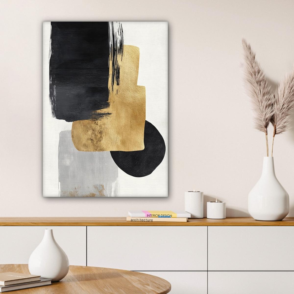 LEINWANDBILD Gold - Rechtecke - Kreise - Abstrakt Wandbild Wohnzimmer 60x80 cm - Weiß, Textil (60/80cm) - MuchoWow