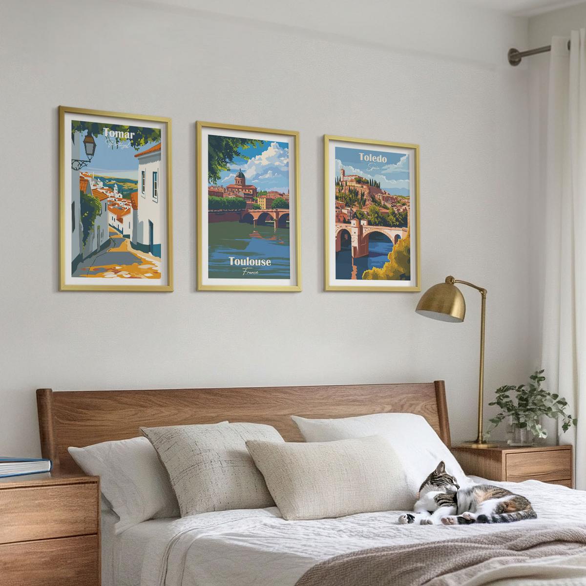 BILDER SET 3er Set - 40x60 cm Goldrahmen - Retro-Stadtgrafiken - Goldfarben, Kunststoff (40/60cm) - TULUP
