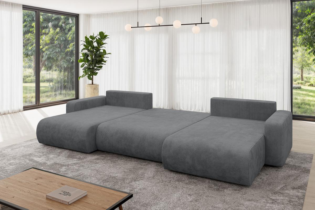 WOHNLANDSCHAFT mit Schlaffunktion und Bettkasten BERY-U 377x193x88 Dunkelgrau Cord - Dunkelgrau/Schwarz, Holzwerkstoff/Kunststoff (377/88/193cm) - ALTDECOR