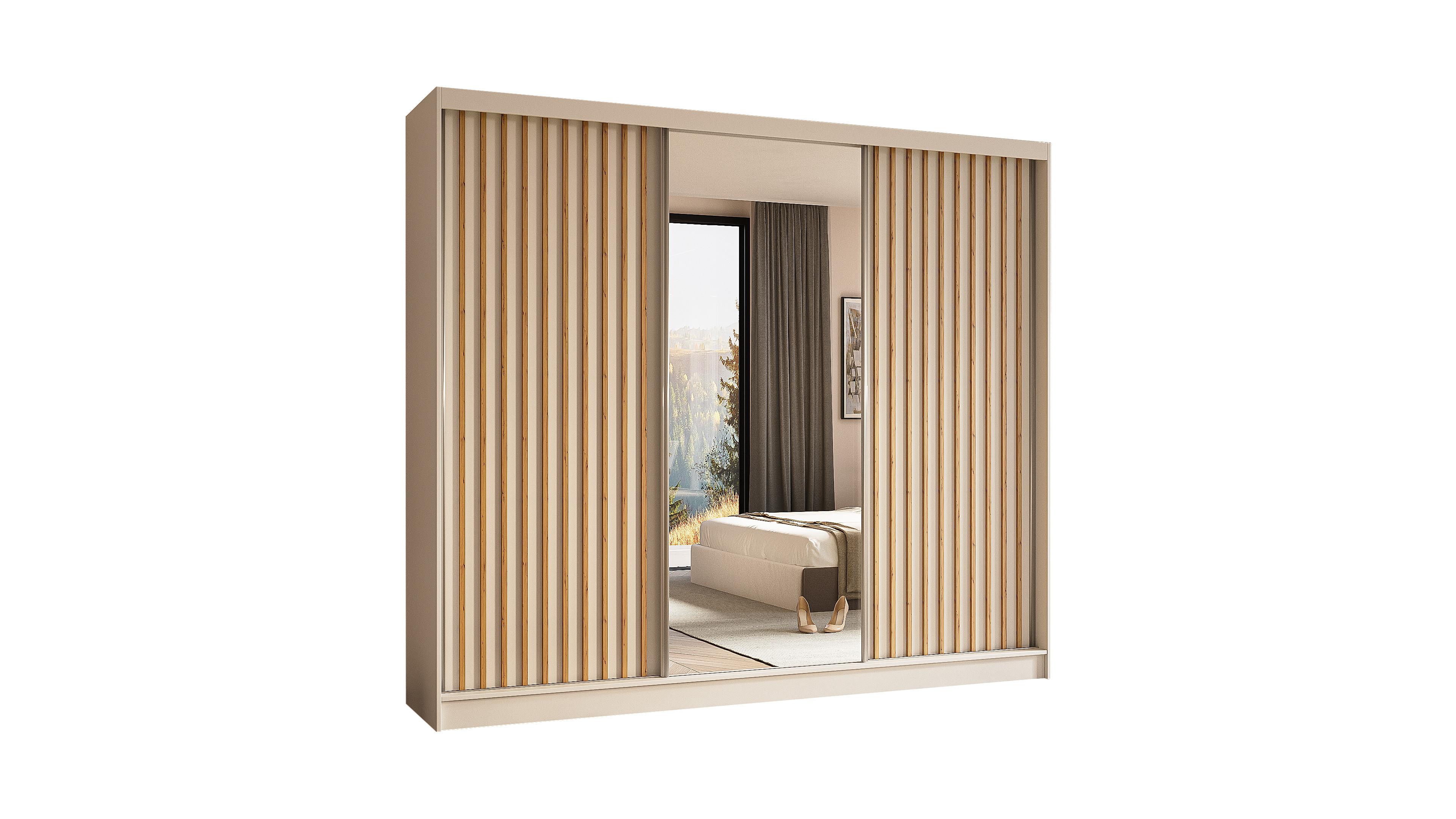 KLEIDERSCHRANK mit Spiegel-Schiebetüren und Aluminium-Leisten, LED-Beleuchtung - LAMELO - 240 cm Weiß+Weiß+Artisan - Weiß, Holzwerkstoff (240/216/61cm) - ALTDECOR