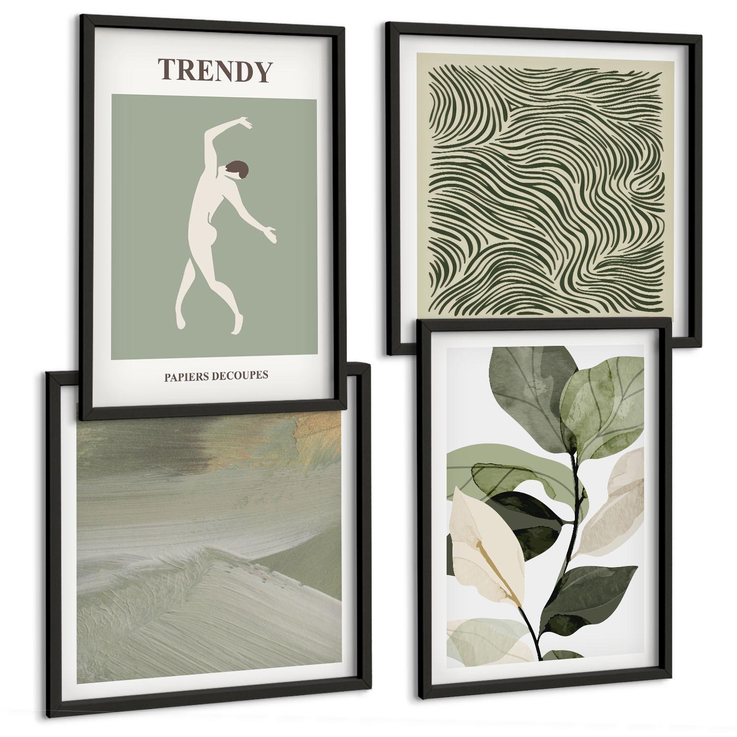 BILDER SET 4er Set - 50x50 cm & 40x60 cm Schwarzer Rahmen - Abstrakte Pflanzenmuster - Schwarz, Kunststoff (50/50cm) - TULUP