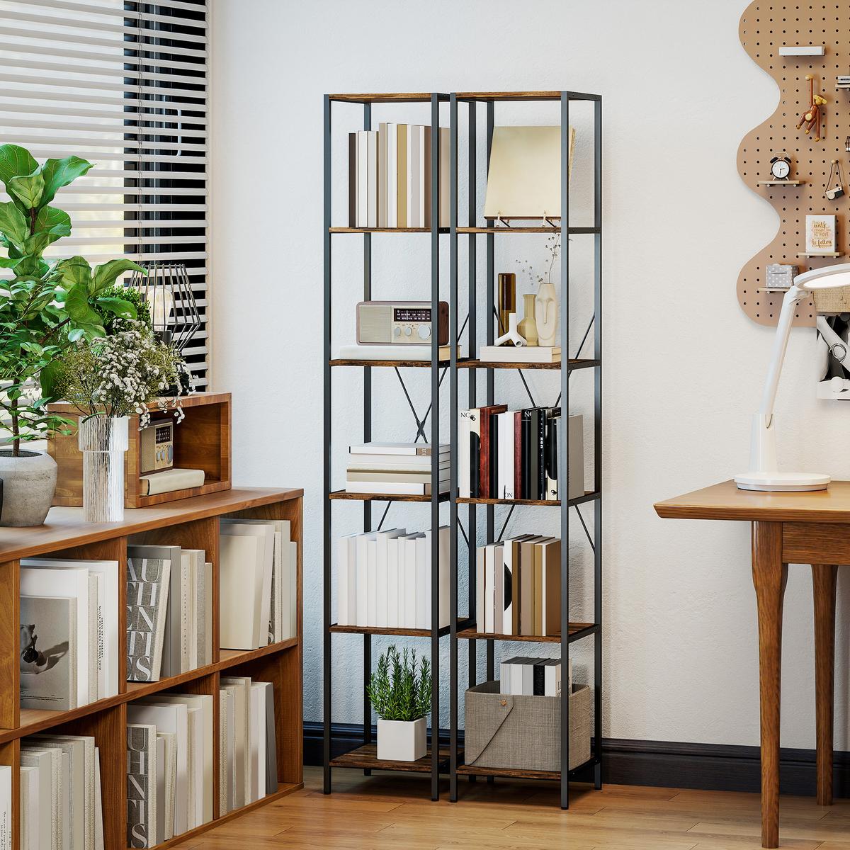 BÜCHERREGAL 2er Set Spanplatte Kohlenstoffstahl Rustikal-Braun - Schwarz/Braun, Holzwerkstoff/Metall (30/174.5/30cm) - HOMCOM