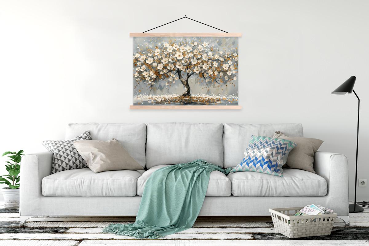 POSTER MIT MAGNETLEISTEN Baum - Blumen - Weiß - Natur - Kunst Magnetleiste 120x80 cm - Weiß, Textil (120/80/0.15cm) - MuchoWow