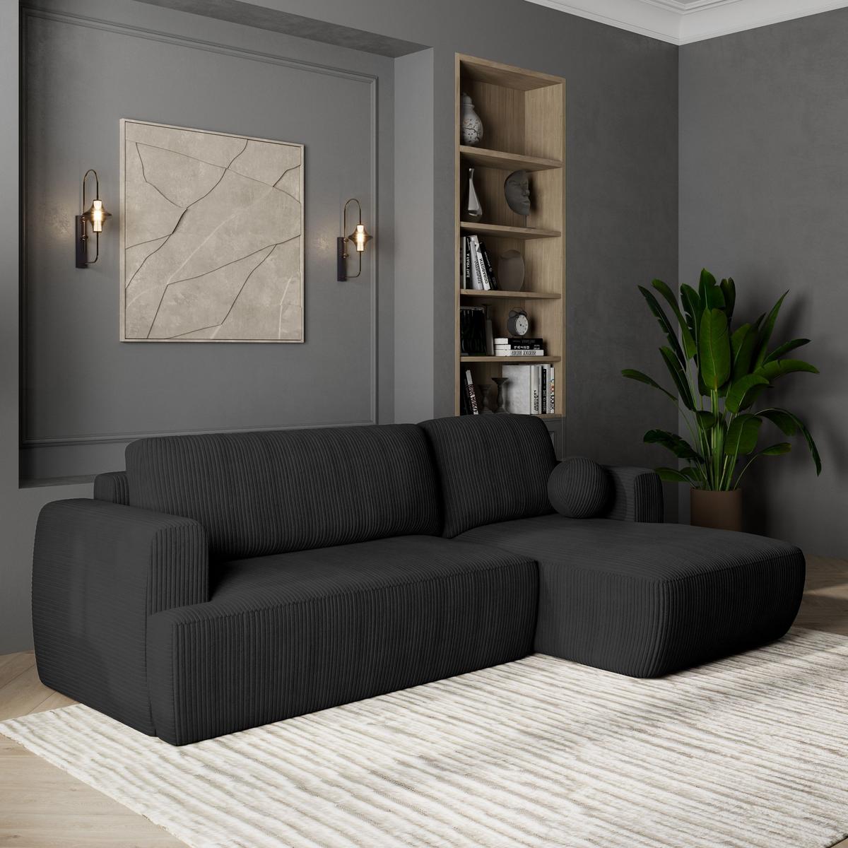 ECKSOFA SENTI P R-S Schwarz Kordstoff mit Schlaffunktion - Schwarz, Holz/Kunststoff (246/148cm) - MASSENO