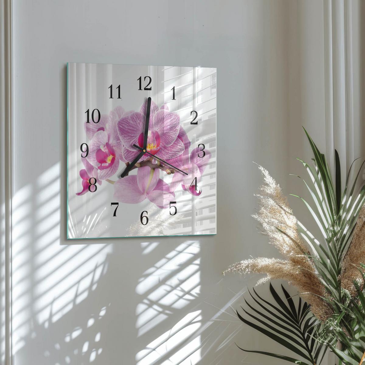 WANDUHR aus Glas 30x30 cm - Orchideen - Pink, Glas (30/30/0.4cm) - TULUP