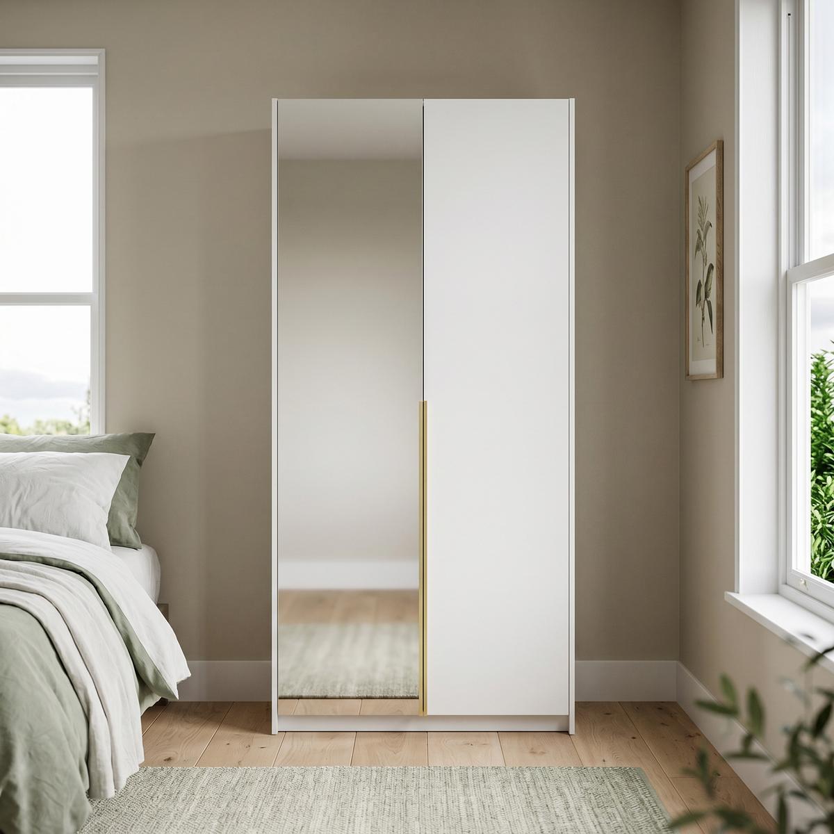 DREHTÜRENSCHRANK THALIA 100/204/58cm 2-türig mit Spiegel Weiß - Weiß, Holzwerkstoff (100/204/58cm) - MASSENO