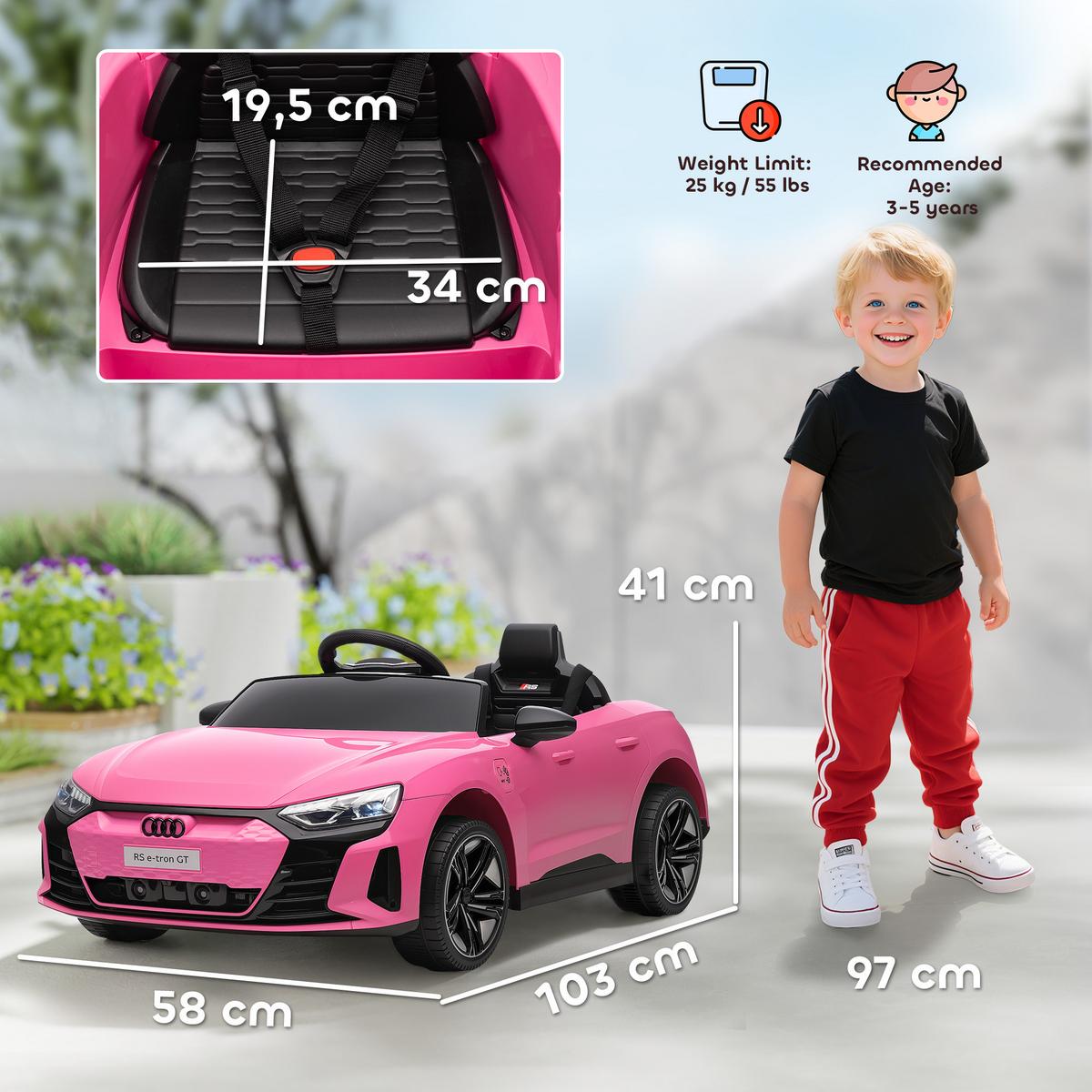 KINDER-ELEKTROAUTO mit Fernbedienung, Hupe, Musik, Scheinwerfer, Gurt, Rosa - Rosa, Metall (103/58/41cm) - HOMCOM