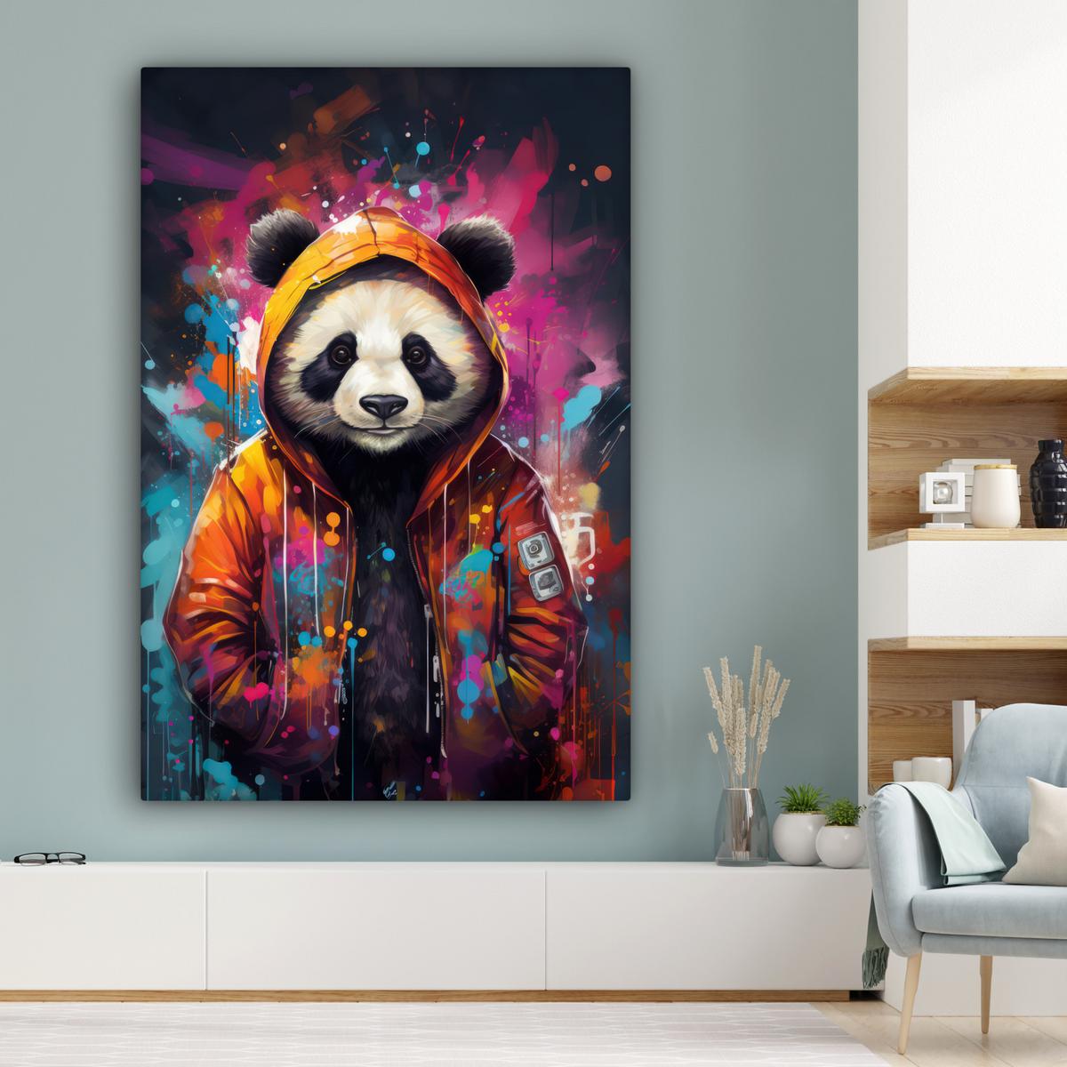 LEINWANDBILD Panda - Jacke - Graffiti - Orange Deko Groß 90x140 cm - Orange, Textil (90/140cm) - MuchoWow