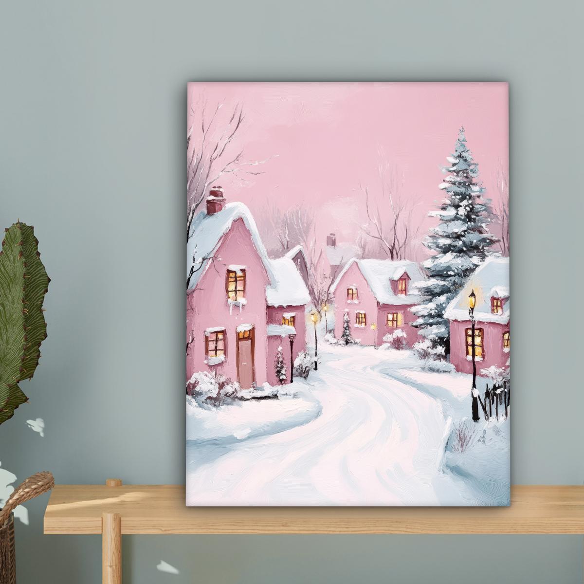 LEINWANDBILD Weihnachtsdorf - Rosa - Winter - Schnee - Häuser Room Decor 30x40 cm - Altrosa, Textil (30/40cm) - MuchoWow