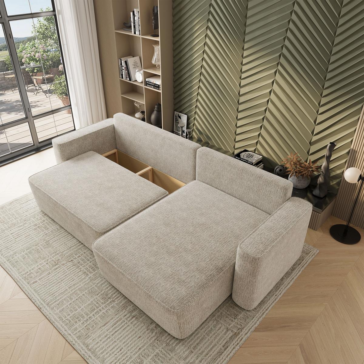 ECKSOFA BELARO BL Creme Chenille mit Schlaffunktion - Creme, Holz/Textil (280/162cm) - MASSENO