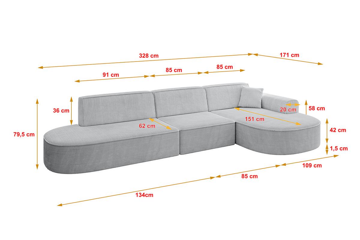 ECKSOFA Ottomane Rechts MARI-L2 - 328x171x79 cm Grau Cord - Schwarz/Grau, Holzwerkstoff/Kunststoff (171/328cm) - ALTDECOR