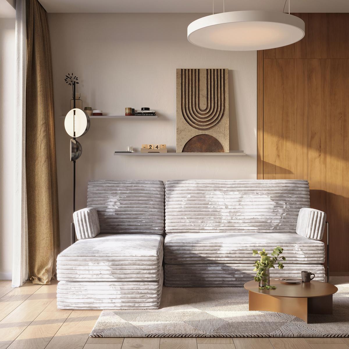 ECKSOFA NOTIA modulares Boneless Sofa mit Schlaffunktion Hellgrau Kordstoff - Grau, Textil (200/120cm) - MASSENO