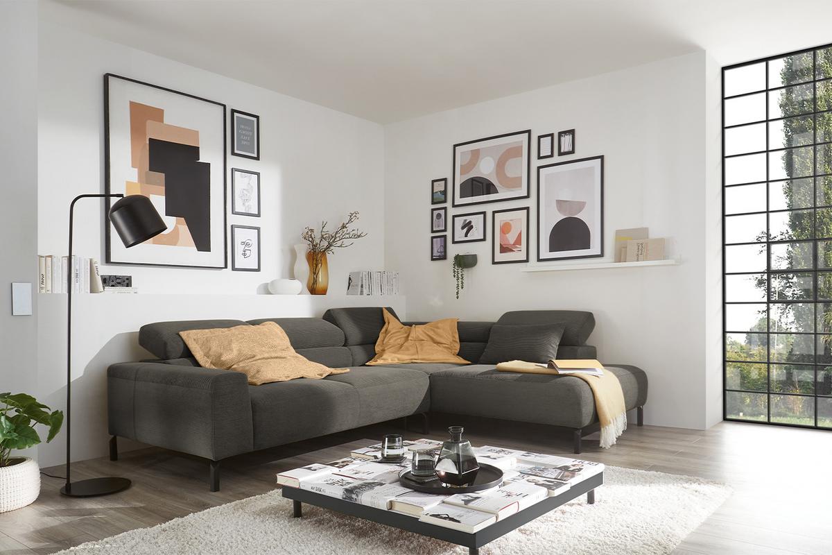 ECKSOFA MIT MOTORISCHEM SITZVORZUG DELIA Anthrazit Cord Relaxfunktion - Anthrazit/Schwarz, Textil/Metall (276/219cm) - KAWOLA