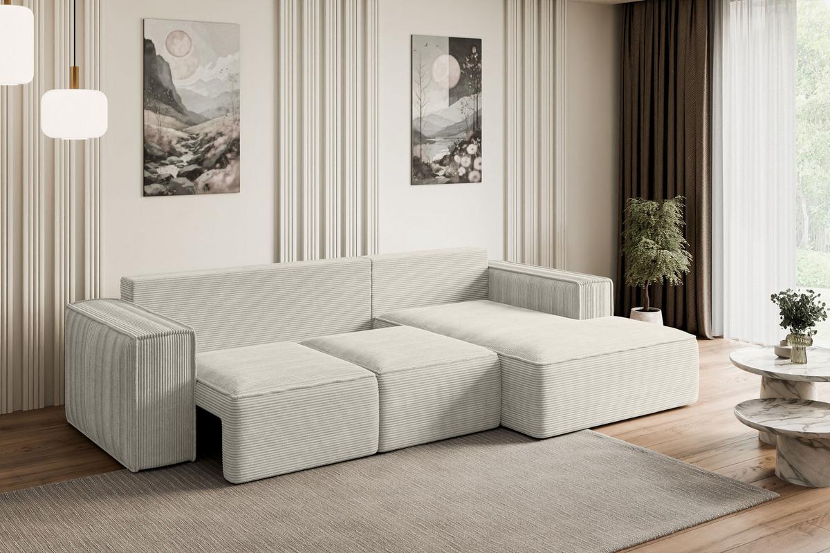 ECKSOFA mit Schlaffunktion und Bettkasten SERRA-L-S - 266x161x87 cm Creme Cord - Hellgrau/Creme, Holzwerkstoff/Kunststoff (266/161cm) - ALTDECOR