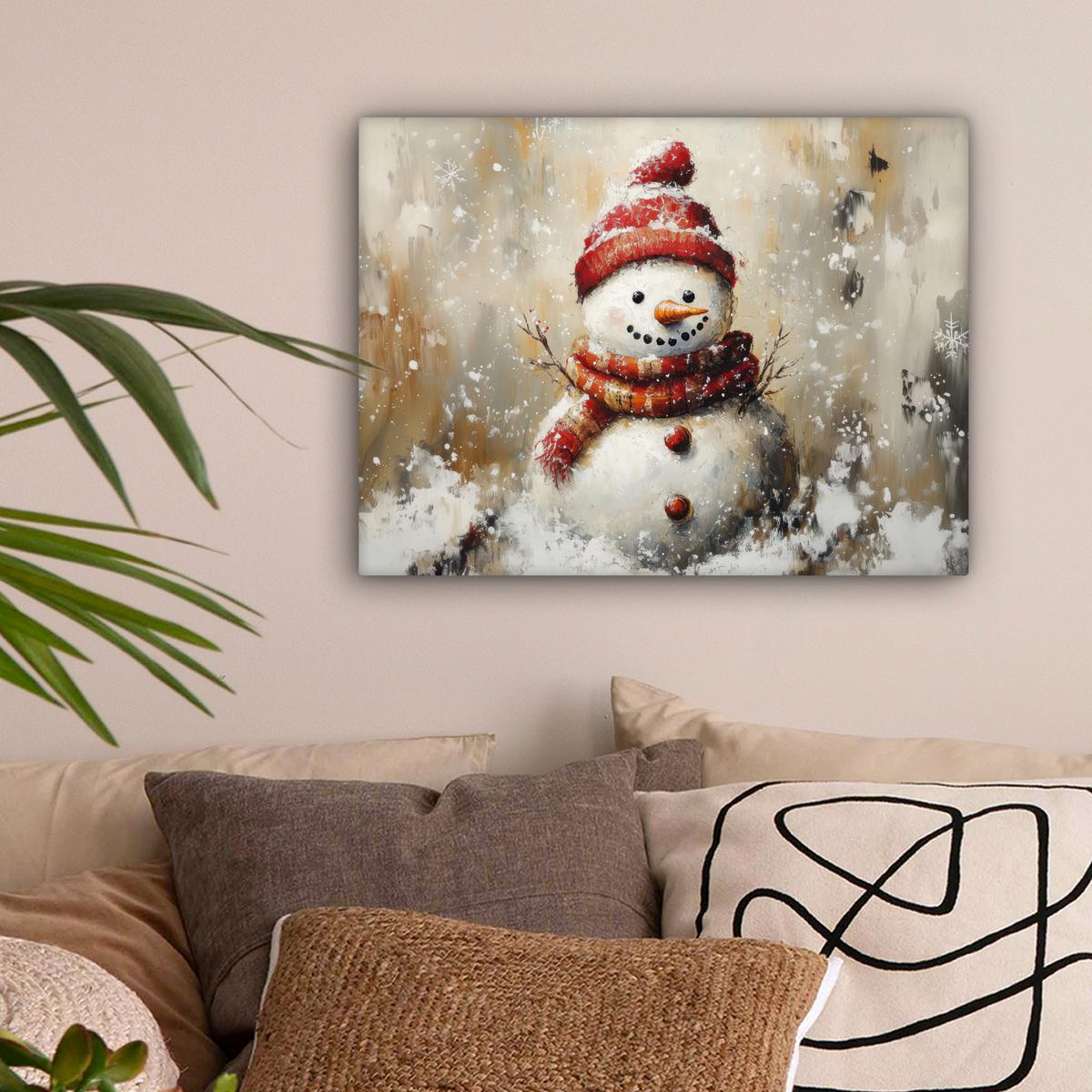 LEINWANDBILD Schneemann - Winter - Schnee - Beige Wandbild 40x30 cm - Weiß, Textil (40/30cm) - MuchoWow