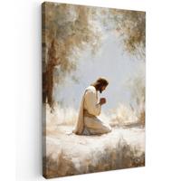LEINWANDBILD Jesus - Kniend - Waldlandschaft - Betend Deko Groß 90x140 cm - Beige/Hellblau, Textil (90/140cm) - MuchoWow