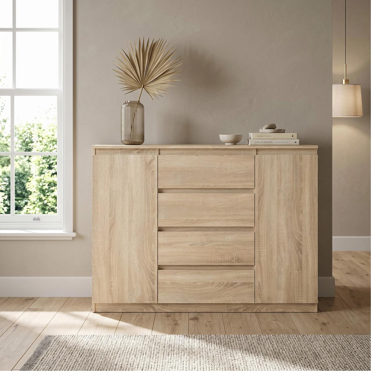 KOMMODE NUDO 120/101,5/39cm mit 4 Schubladen 2 Türen Sonoma Eiche - Sonoma Eiche, Holzwerkstoff (120/101.5/39cm) - MASSENO