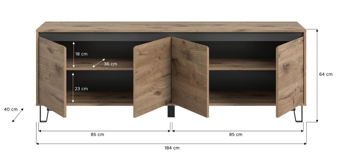 TV-LOWBOARD Eiche Viking 184 cm, Flat-TV Unterschrank mit Komforthöhe und Soft-Close - Eichefarben/Schwarz, Holz/Holzwerkstoff (184/64/40cm) - Inn.Furn