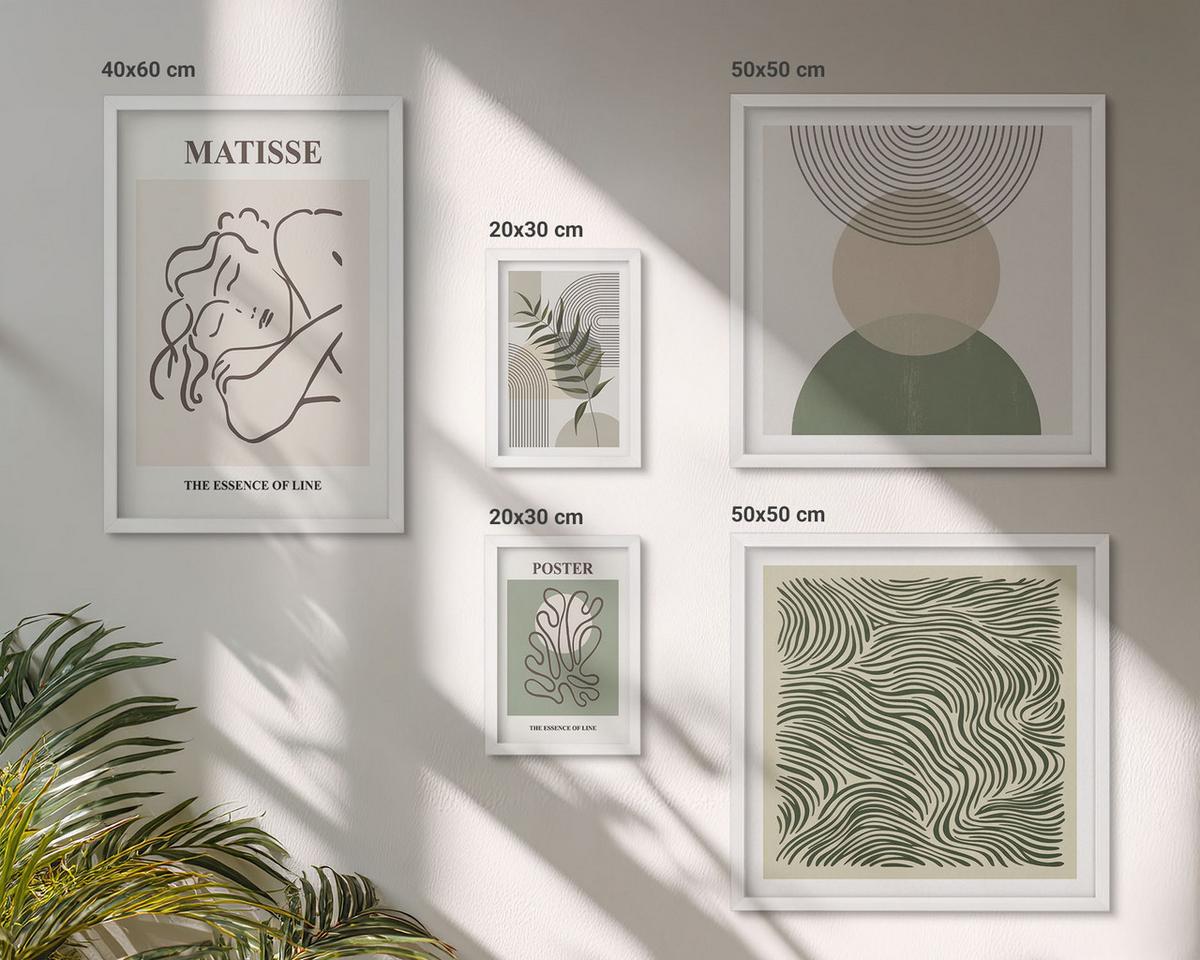 BILDER SET 5er Set - 50x50 cm & 20x30 cm & 40x60 cm Weißer Rahmen - Geometrische botanische Muster - Weiß, Kunststoff (40/60cm) - TULUP