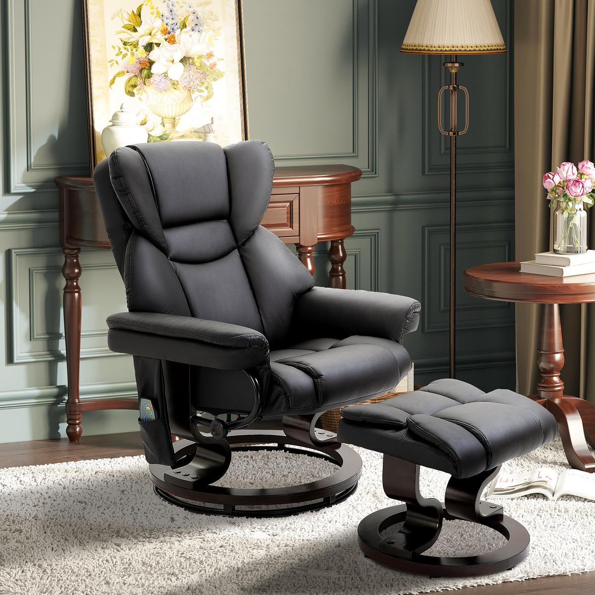 RELAXSESSEL Massagesessel mit Fußhocker Liegefunktion Schwarz 79 x 82 x 101 cm - Schwarz, Holz/Metall (82/101/79cm) - HOMCOM