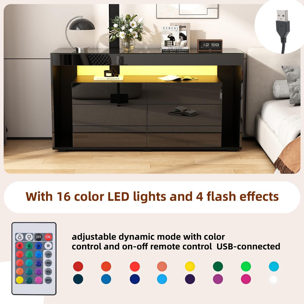 SIDEBOARD mit 6 Schubladen und LED Schwarz - Schwarz, Glas/Holzwerkstoff (40/72/140cm) - Urban Meuble