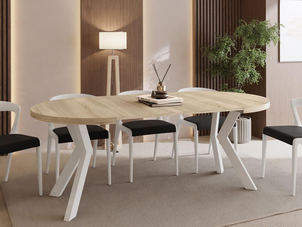 ESSTISCH Savio Weiß rund ausziehbar verlängerbar XXL, Eiche Sonoma Hellbraun 100-300/100/77 cm - Weiß/Sonoma Eiche, Holz/Holzwerkstoff (100/300/77cm) - WFL GROUP