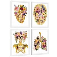 POSTER Set aus 4 Anatomie Mensch Drucke und mit Herz Gehirn Schädel Lungen Luftröhre Bronchien Goldener Floraler Stil Größe Weißer Rahmen A3 - Weiß, Papier (29.7/42/3cm) - Nacnic