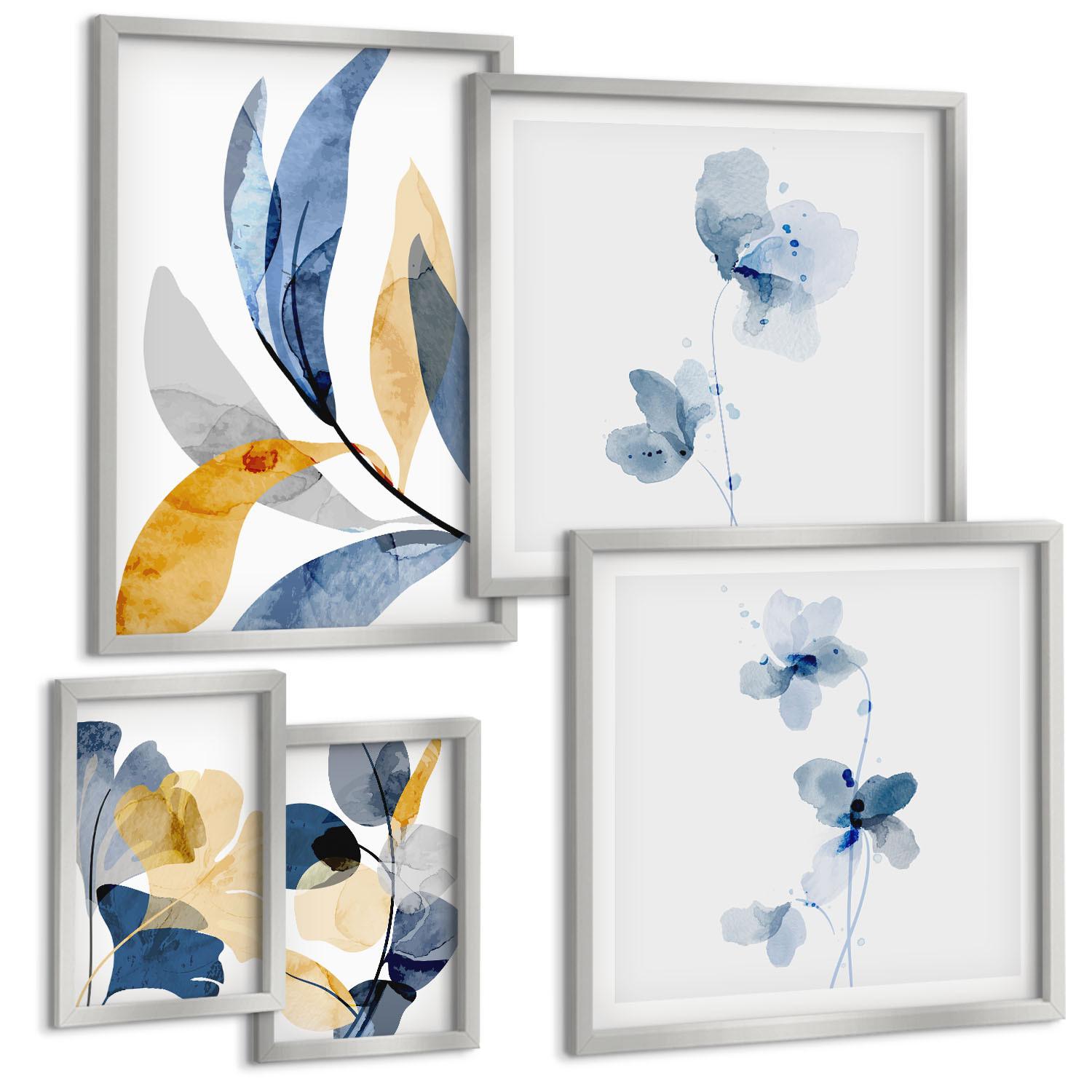 BILDER SET 5er Set - 50x50 cm & 20x30 cm & 40x60 cm Silberner Rahmen - Aquarell-Pflanzenmotive - Silberfarben, Kunststoff (40/60cm) - TULUP