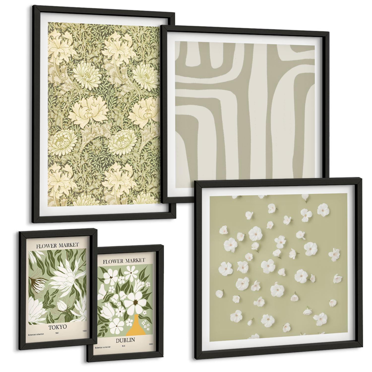 BILDER SET 5er Set - 50x50 cm & 20x30 cm & 40x60 cm Schwarzer Rahmen - Boho-Pflanzenkompositionen in Pastellfarben - Schwarz, Kunststoff (40/60cm) - TULUP