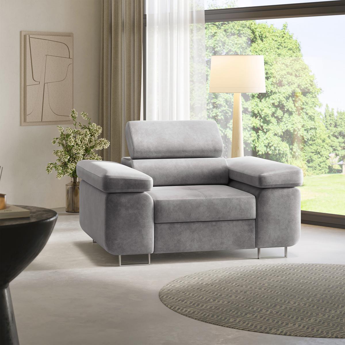 SESSEL CALVO Polstersessel Loungesessel ergonomisch, Hellgrau - Hellgrau, Holz/Metall (133/87/98cm) - MASSENO
