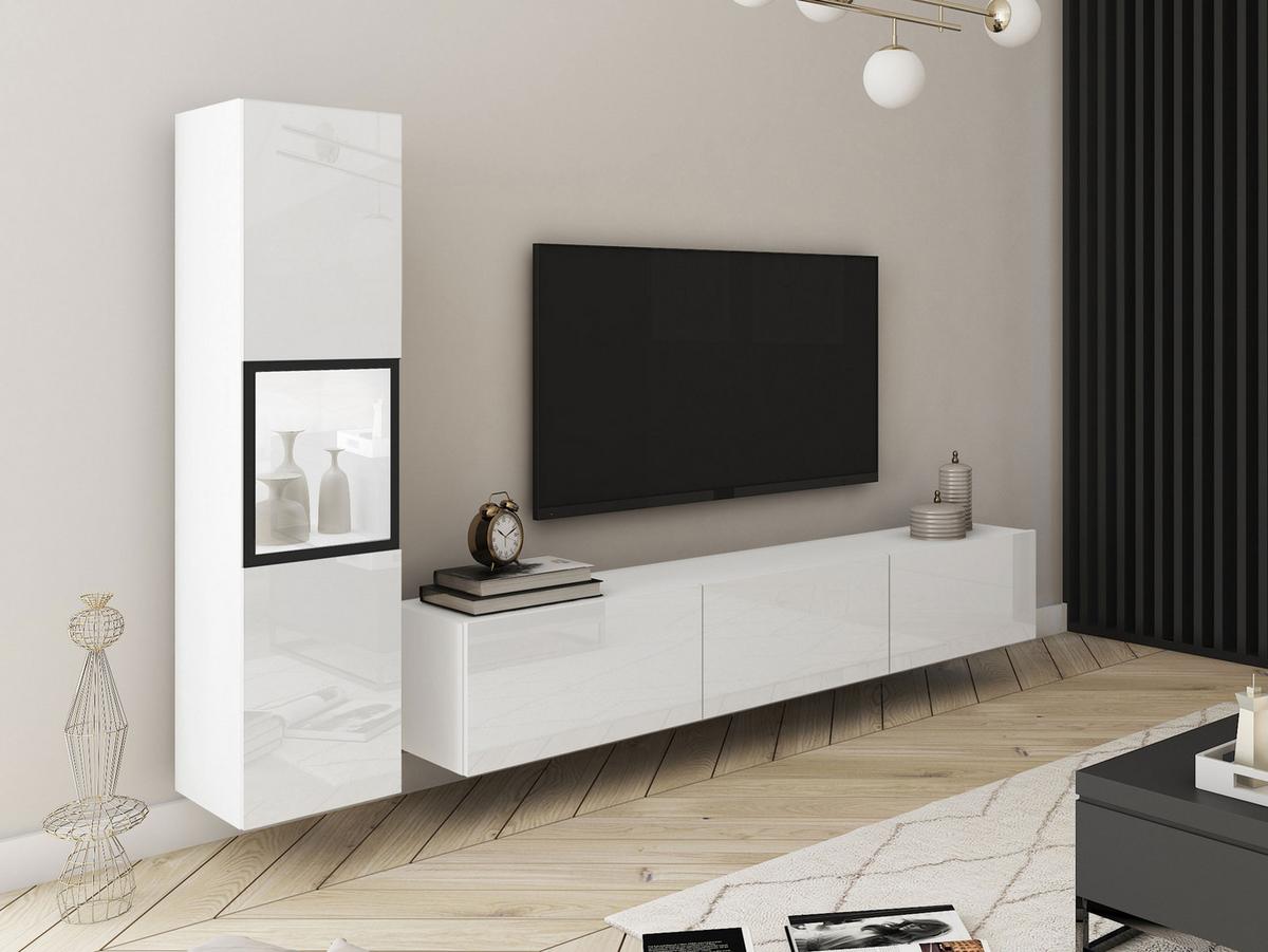 WOHNWAND Berlin I mit weißer LED Beleuchtung - Weiß Hochglanz/Alufarben, Holzwerkstoff/Kunststoff (180/30/33cm) - MIRJAN24