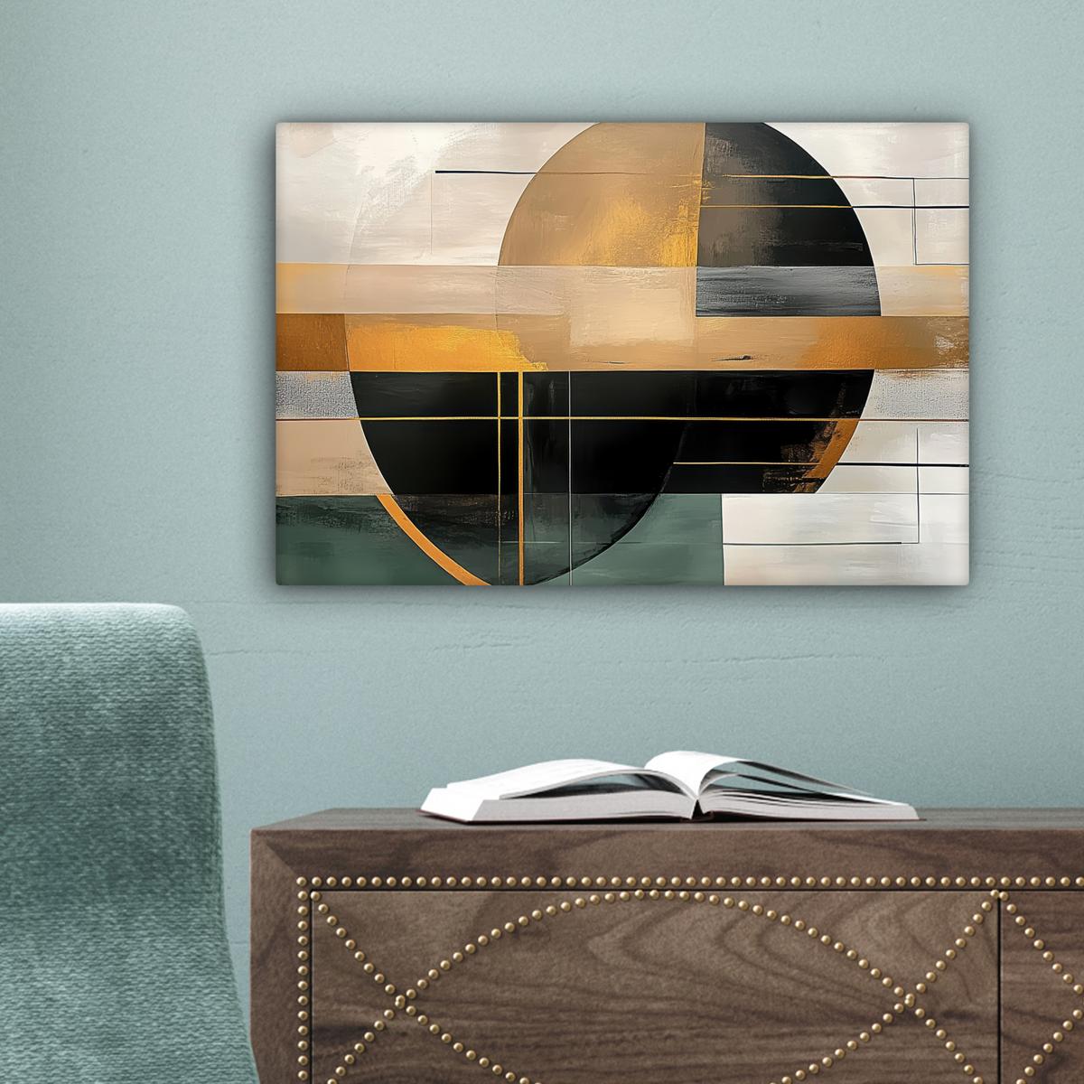 LEINWANDBILD Abstrakt - Gold - Bronze - Grün - Formen - Modern Deko Schlafzimmer 30x20 cm - Multicolor, Textil (30/20cm) - MuchoWow