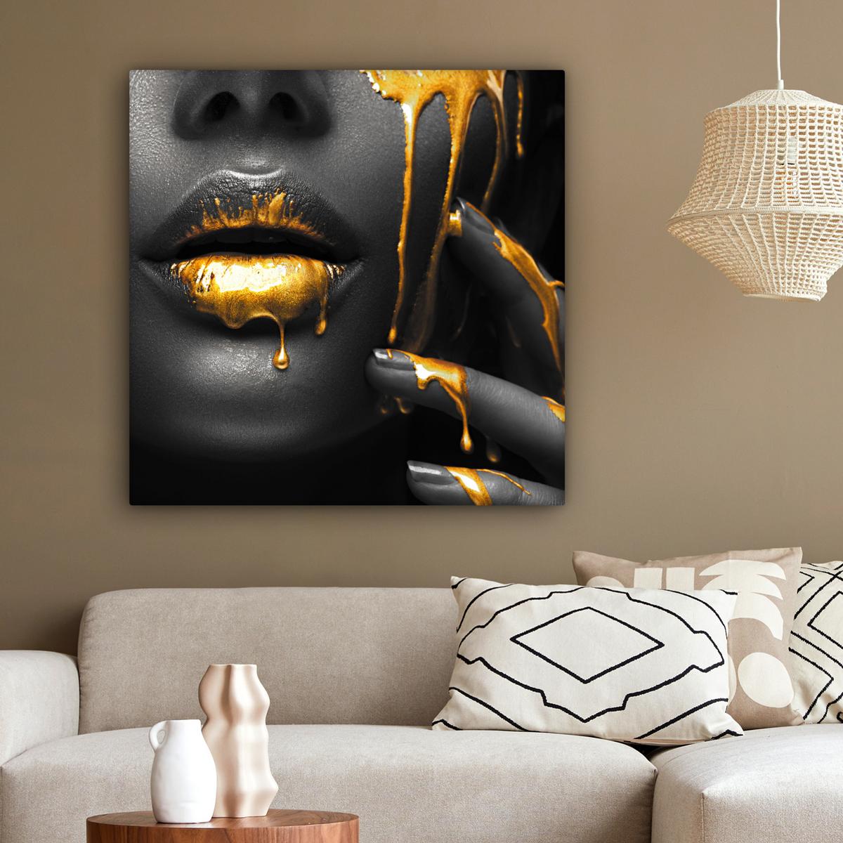 LEINWANDBILD Frau - Schwarz - Gold - Gesicht - Lippen Deko Groß 90x90 cm - Goldfarben, Textil (90/90cm) - MuchoWow