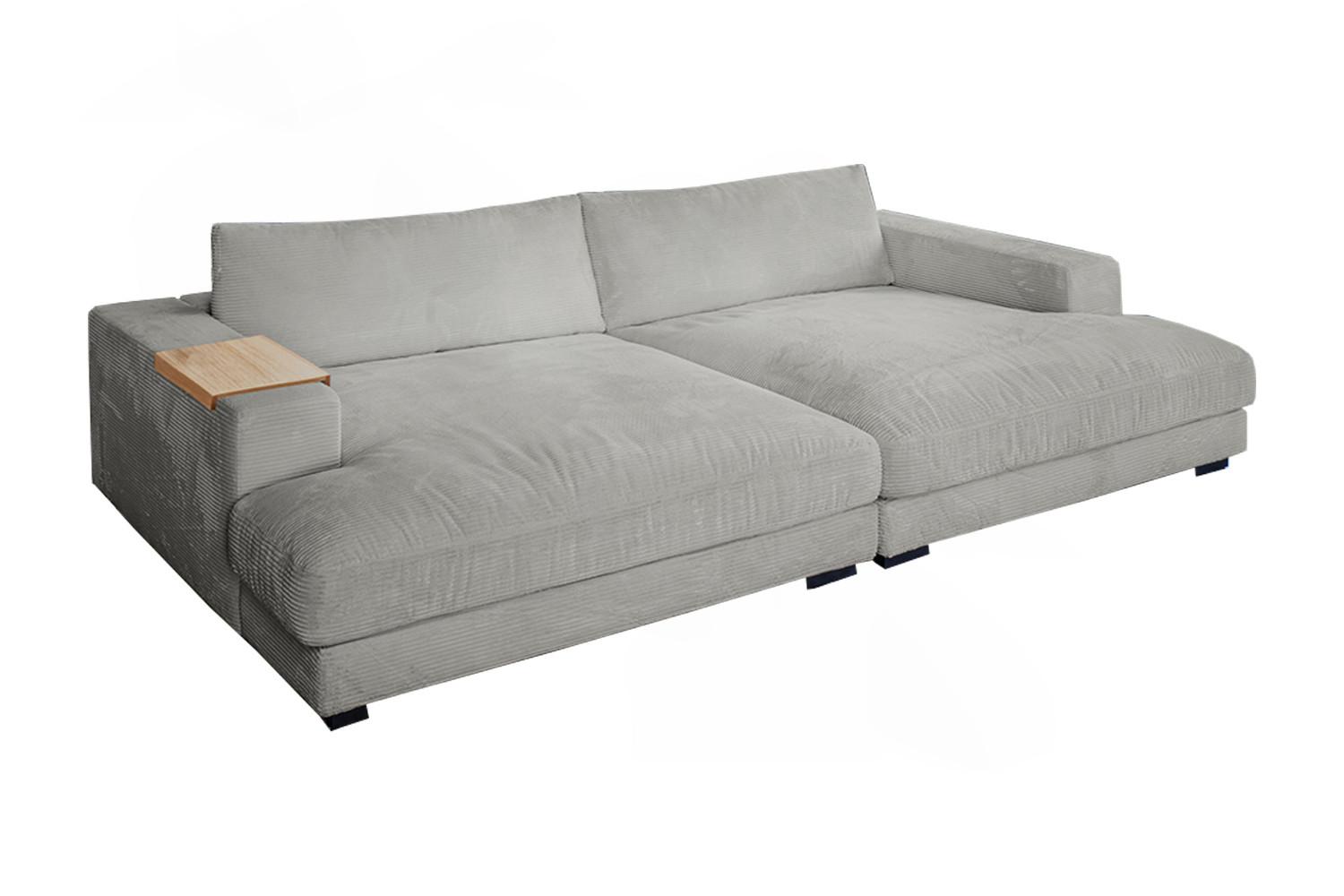 BIG SOFA XL MIT TABLETT MADELINE Hellgrau Cord - Hellgrau/Schwarz, Kunststoff/Textil (290/85/190cm) - KAWOLA