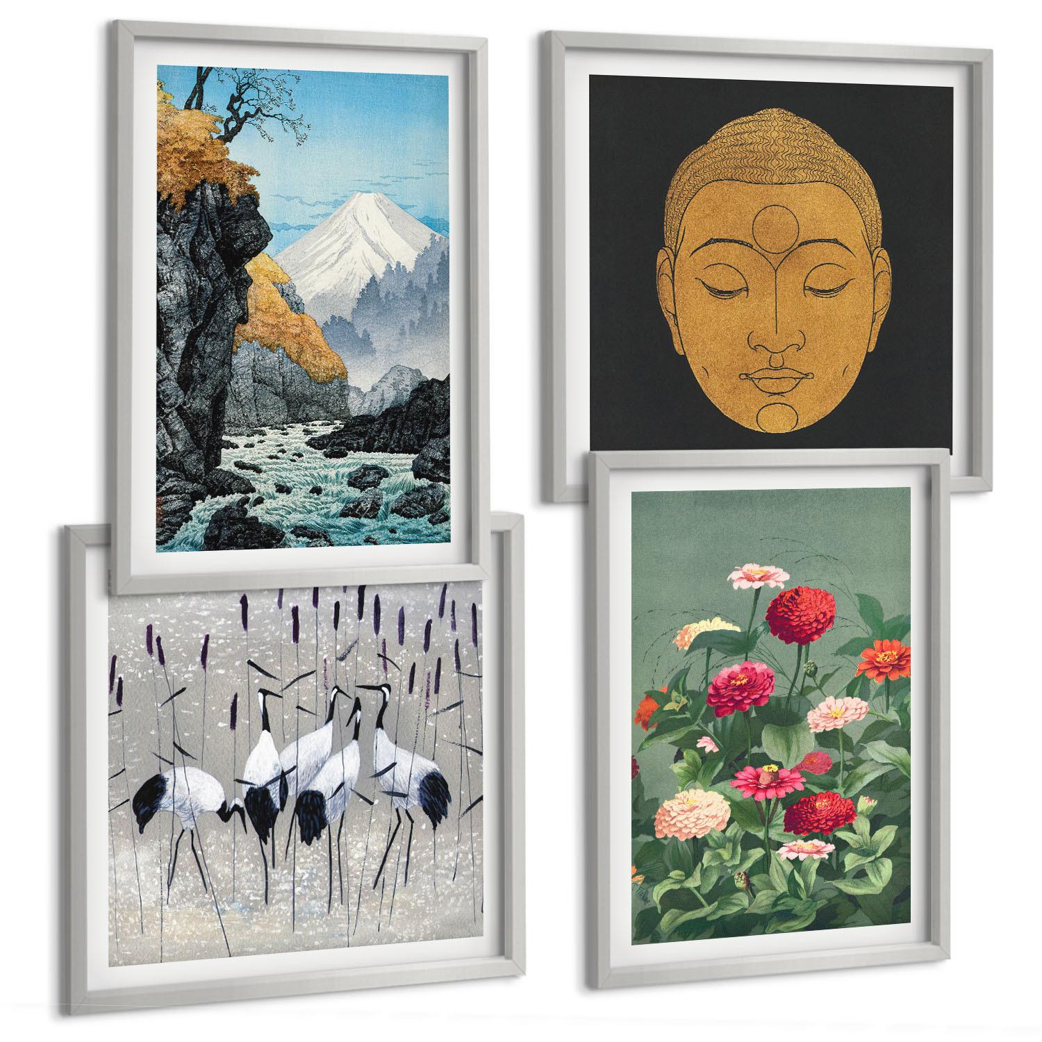 BILDER SET 4er Set - 50x50 cm & 40x60 cm Silberner Rahmen - Japanische Natur und Japandi-Stil - Silberfarben, Kunststoff (50/50cm) - TULUP
