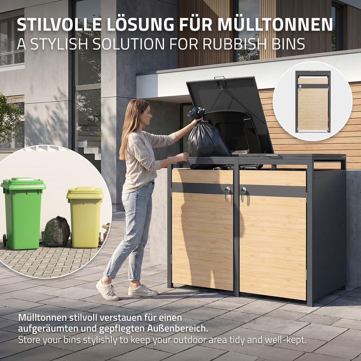 MÜLLTONNENBOX 3er Anthrazit-Holzoptik - Hellbraun, Metall (200/120/80cm) - ML-DESIGN