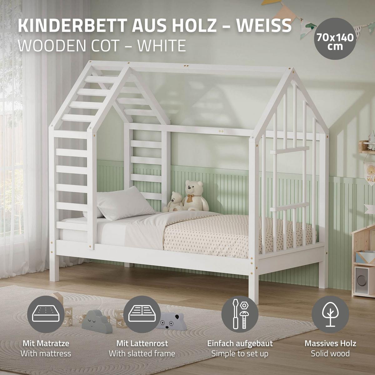 KINDERBETT 70x140 cm mit Matratze Lattenrost & Dach Hausbett aus massivem Kiefernholz Weiß - Weiß, Holz (70/140cm) - ML-DESIGN