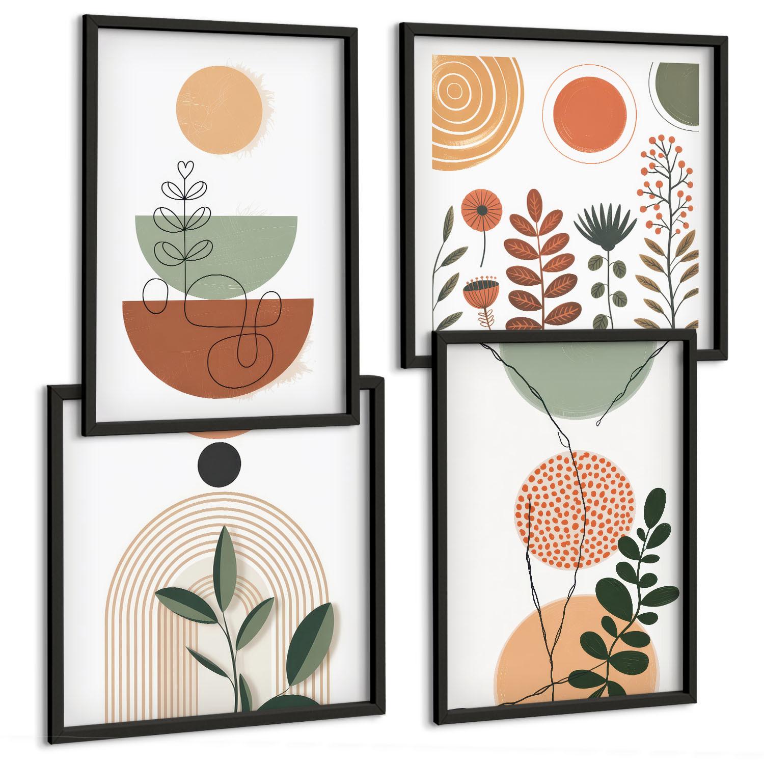BILDER SET 4er Set - 50x50 cm & 40x60 cm Schwarzer Rahmen - Abstrakte Pflanzenformen - Schwarz, Kunststoff (50/50cm) - TULUP