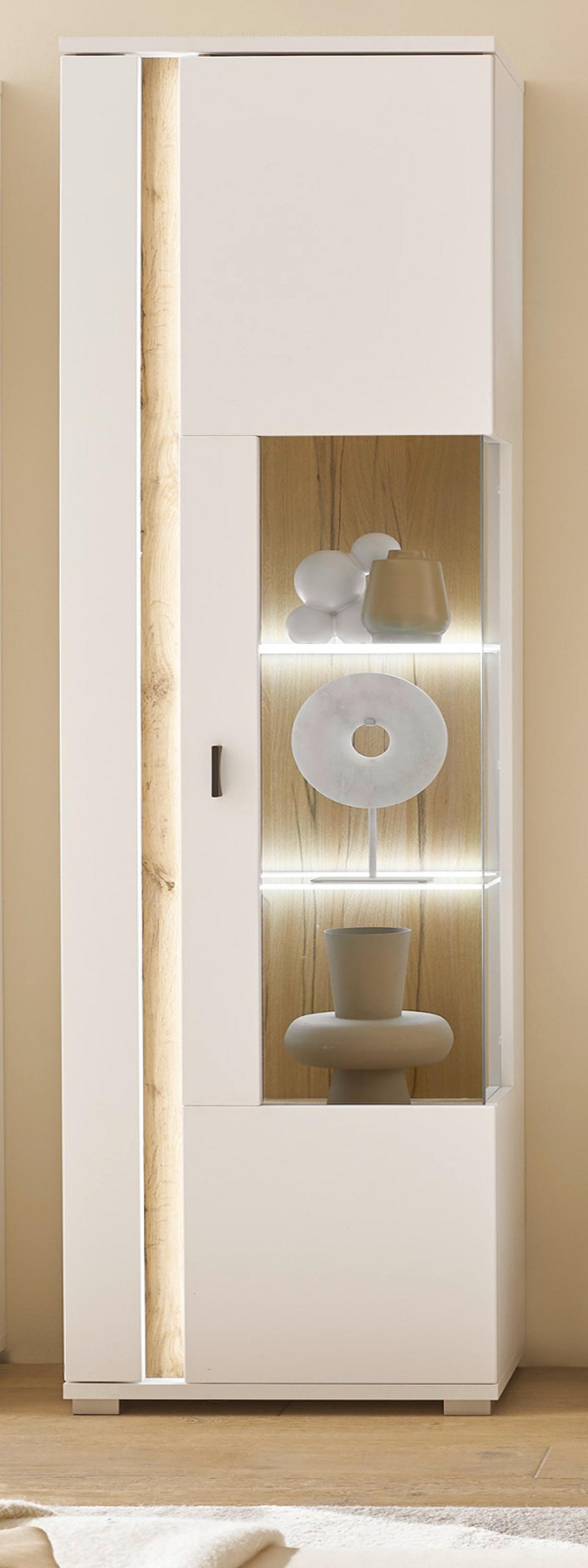 VITRINE weiß matt, Eiche Wotan 55 x 200 cm, Vitrinenschrank inklusive Frontbeleuchtung - Eiche Wotan/Silberfarben, Glas/Holzwerkstoff (55/200/35cm) - Furn.Design