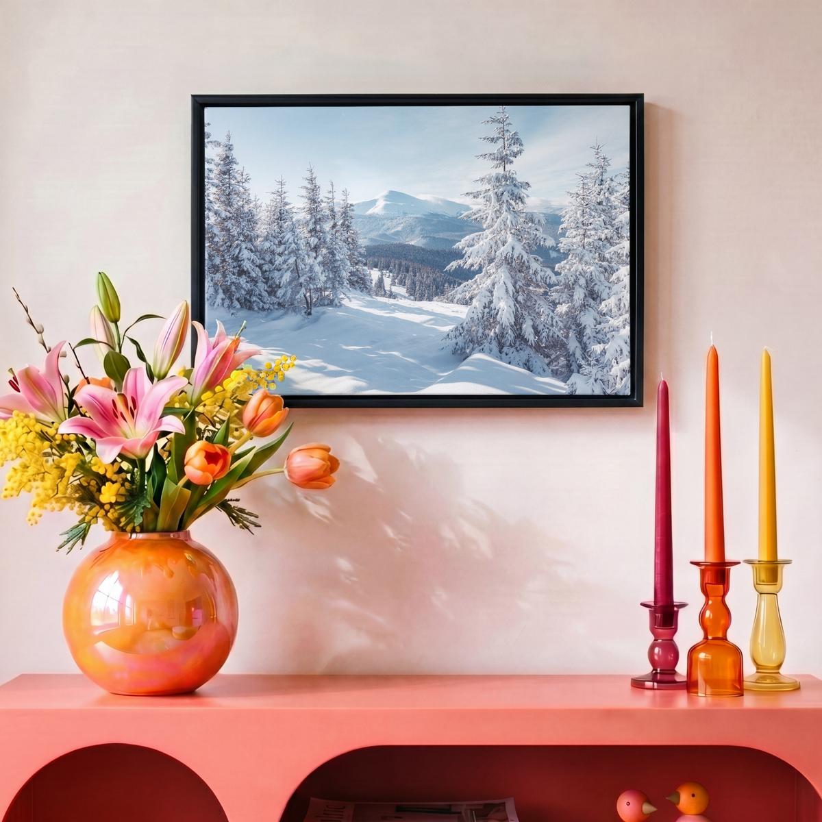 LEINWAND Bilder mit Rahmen - Winterlandschaft - Natur - Berge - Bäume - Schnee - 30x20 - Hellblau, Textil (30/20cm) - MuchoWow