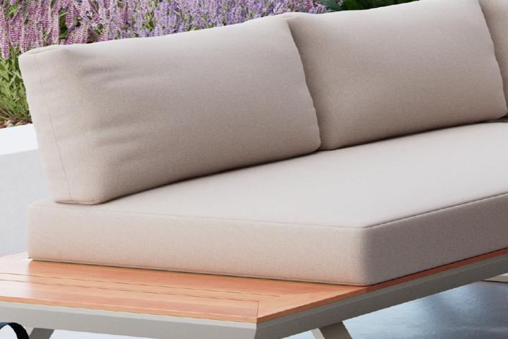 Dining Loungeset Kissen Creme Outdoorstoff quick dry foam Ablagefach Kunststoff Holzoptik Naturfarbe