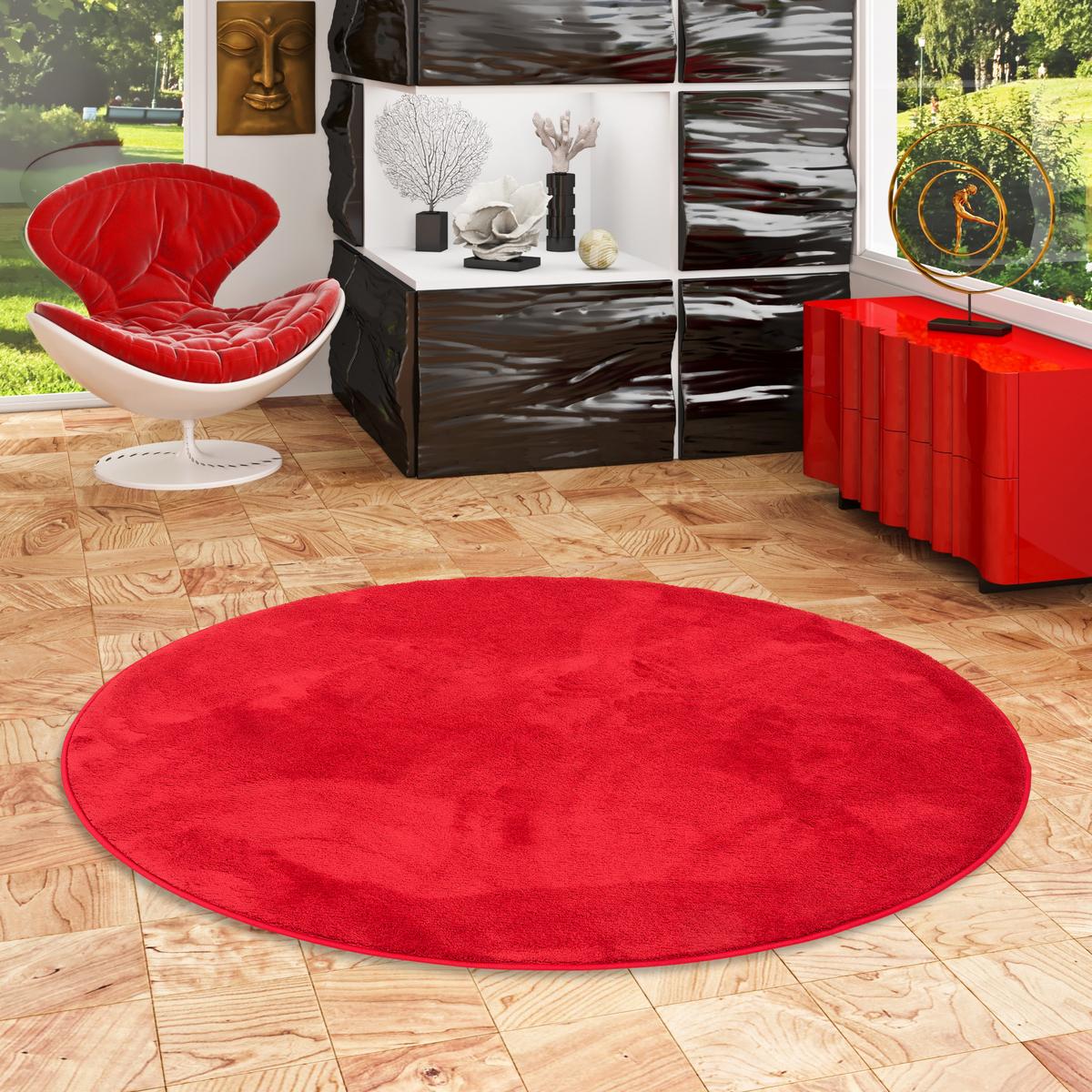 LUXUS SUPER SOFT HOCHFLOR LANGFLOR TEPPICH DELUXE RUND - Rot, Textil (133/133cm) - Snapstyle