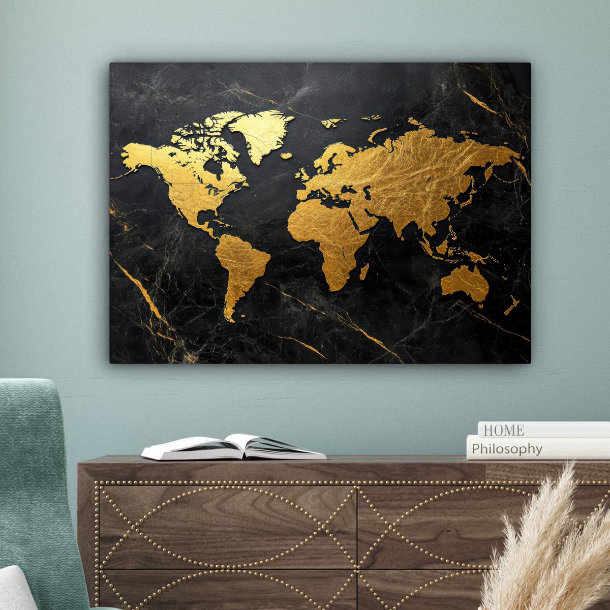 LEINWANDBILD Weltkarte - Gold - Marmor Wandbilder 80x60 cm - Goldfarben, Textil (80/60cm) - MuchoWow