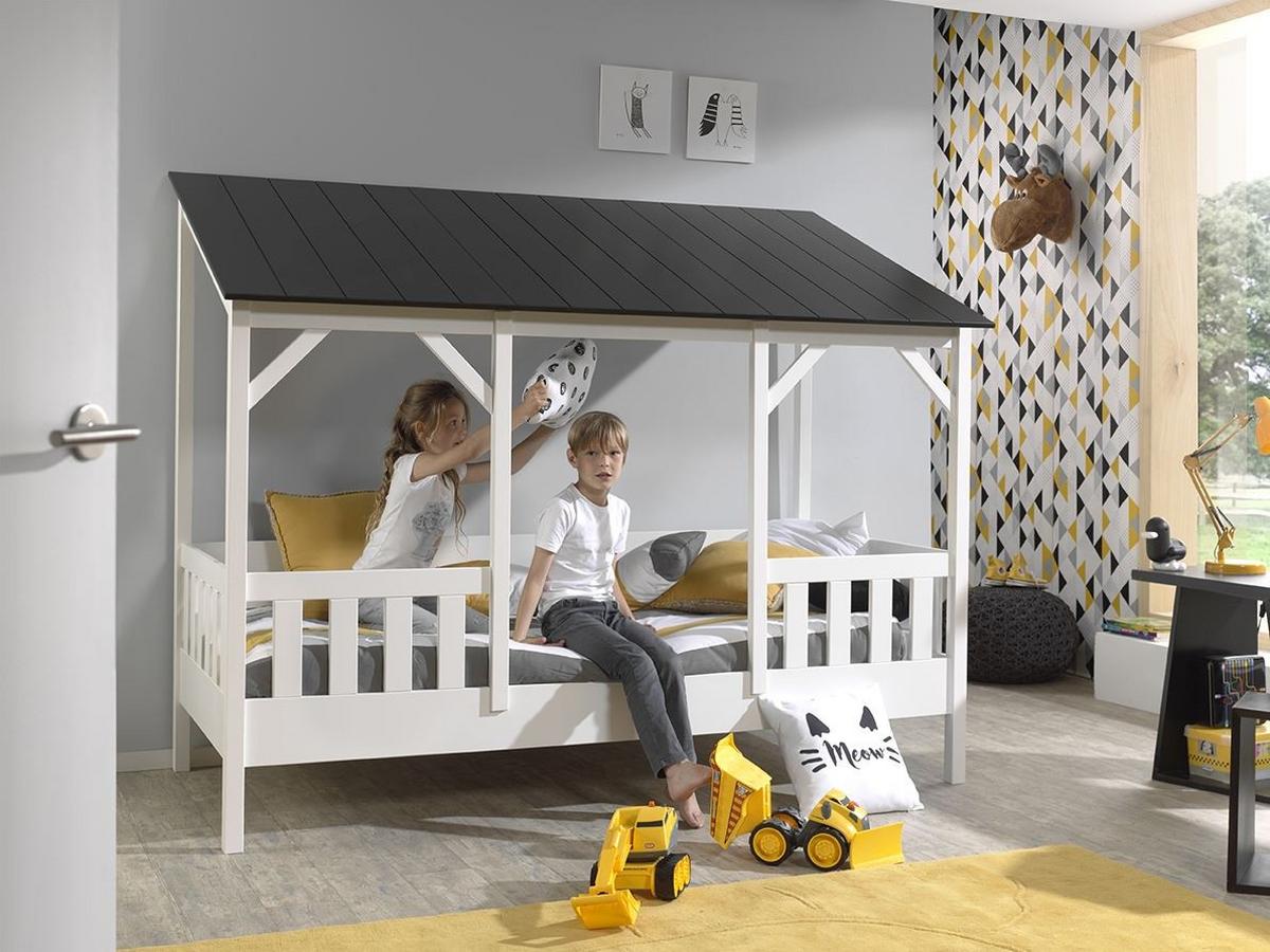 HAUSBETT Katiya 214x174x105 aus Massivholz+MDF in Weiß/Schwarz - Schwarz, Holz (90/200cm) - 58aufmkessel