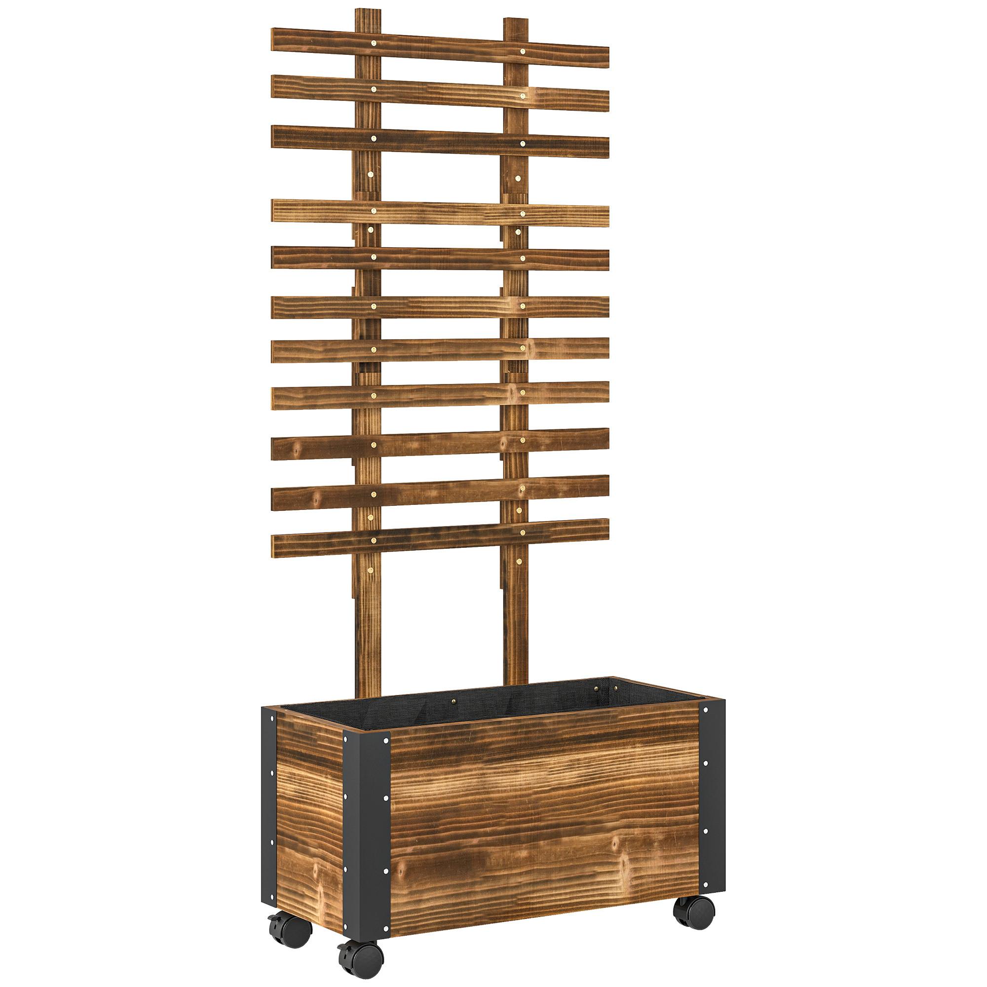 HOCHBEET mit Rankgitter, Blumenkasten mit Rollen, für Kletterpflanzen, Holz, Verkohlt - Dunkelbraun, Holz (31/147/65cm) - Outsunny